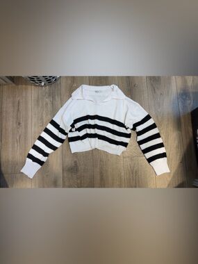 Aster: Striped Knit Black and White Cropped Sweater: With collar: Size Large
